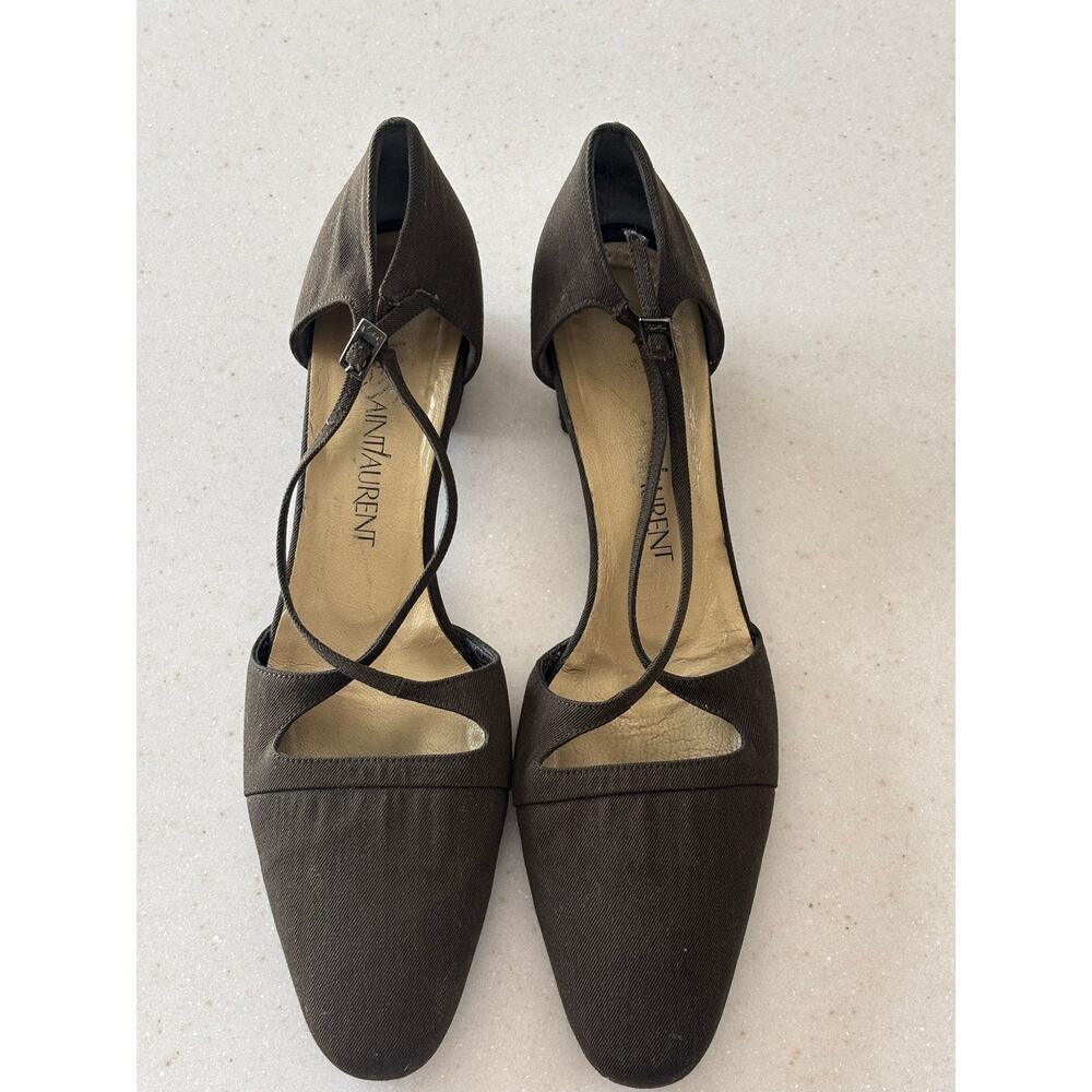 Vintage Yves Saint Laurent YSL Italy Canvas Peep Toe Slingback Heels Brown - Picture 5 of 9